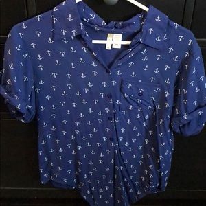 Knot tie anchor navy blue blouse